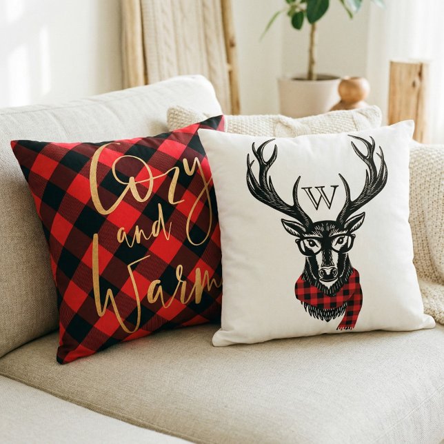 Cozy & Warm | Red Buffalo Plaid Deer Head Monogram Throw Pillow (Cozy & Warm | Red Buffalo Plaid Deer Head Monogram Throw Pillow)