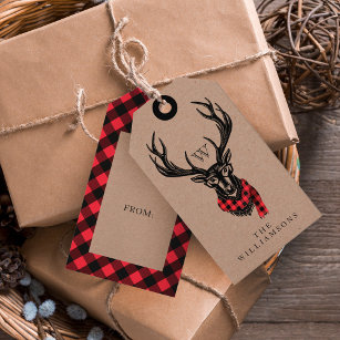 Cozy & Warm   Red Buffalo Plaid Reindeer Monogram Gift Tags