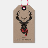 Cozy & Warm | Red Buffalo Plaid Reindeer Monogram Gift Tags (Front)
