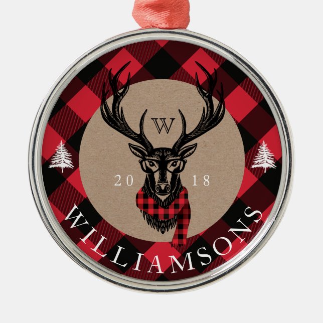 Cozy & Warm | Red Buffalo Plaid Reindeer Monogram Metal Ornament (Front)
