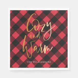 Cozy & Warm Script   Red Buffalo Plaid Christmas Napkin