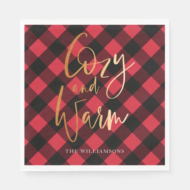 Cozy & Warm Script | Red Buffalo Plaid Christmas Napkin (Front)