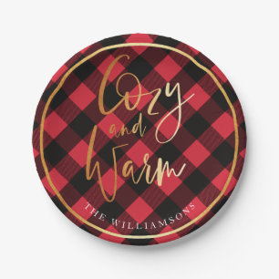 Cozy & Warm Script   Red Buffalo Plaid Christmas Paper Plate
