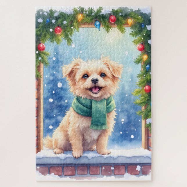 Cozy Watercolor Affenpinscher Christmas Snowy Jigsaw Puzzle (Vertical)
