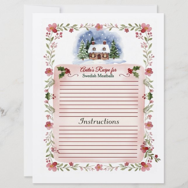Cozy Watercolor Christmas Recipe Card - Editable (Front)