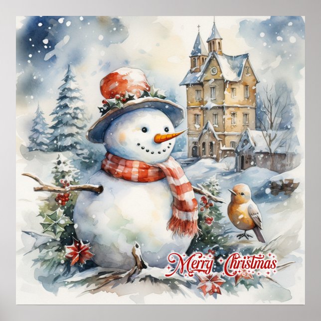 Cozy watercolor Christmas winter scene snowman Poster (Front)