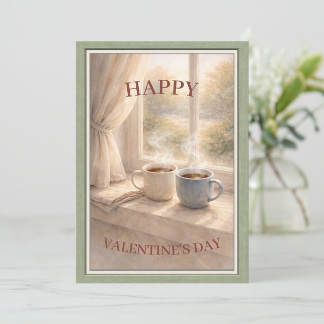 Cozy Watercolor Coffee Valentine’s Day for Couples Holiday Card (Standing Front)