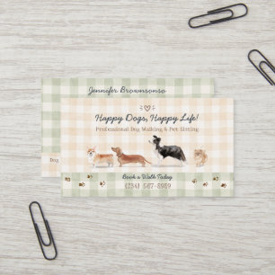 Cozy Watercolor Dog Walker Pet Sitting Gingham Business Card