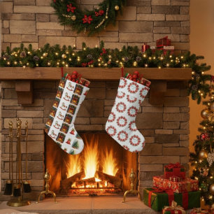Cozy Watercolor Fireplace & Classic Christmas Icon Large Christmas Stocking