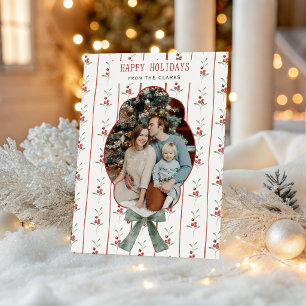 Cozy Watercolor Holly Green Bow Photo Holiday Card
