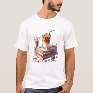 Cozy Watercolor Iced Coffee and Vintage Books Acad T-Shirt