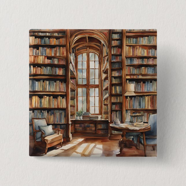 Cozy Watercolor Library 2 Inch Square Button (Front)
