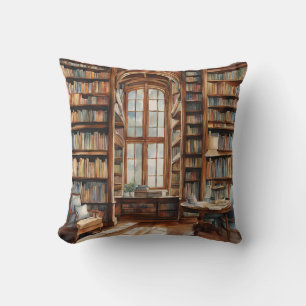 Cozy Watercolor Library Throw Pillow