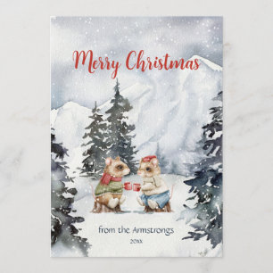 Cozy Watercolor Mice Hot Cocoa Snow Christmas Holiday Card