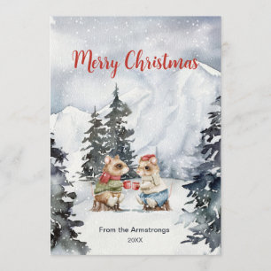 Cozy Watercolor Mice Hot Cocoa Snow Christmas Holiday Card