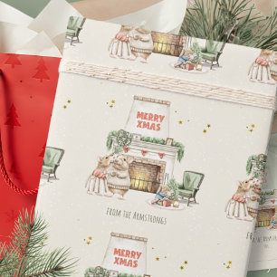Cozy Watercolor Mice Vintage Christmas Scene Wrapping Paper