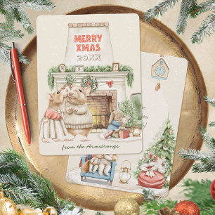 Cozy Watercolor Mice Vintage Holiday Greeting Card