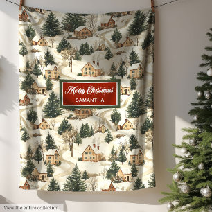 Cozy Watercolor Neutral Earthy Colours Xmas Villag Fleece Blanket