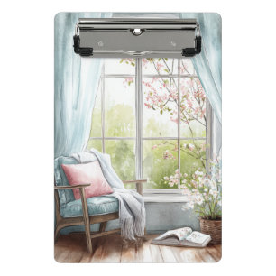 Cozy Watercolor Reading Nook Window Spring Garden Mini Clipboard