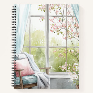 Cozy Watercolor Reading Nook Window Spring Garden Notebook