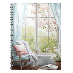 Cozy Watercolor Reading Nook Window Spring Garden Notebook