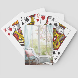 Cozy Watercolor Reading Nook Window Spring Garden Playing Cards