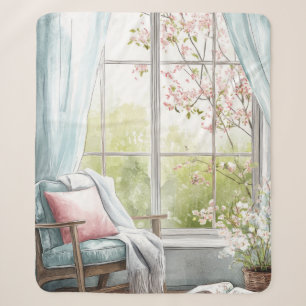 Cozy Watercolor Reading Nook Window Spring Garden Sherpa Blanket