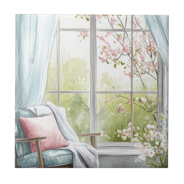 Cozy Watercolor Reading Nook Window Spring Garden  Tile (Front)