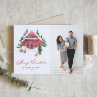 Cozy Watercolor Red Cottage Christmas Photo