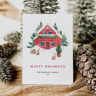 Cozy Watercolor Red Cottage Evergreen Forest Holiday Card