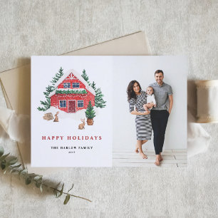 Cozy Watercolor Red Cottage Woodland Scene Photo Holiday Card