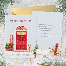 Cozy Watercolor Red Door Ski Dog Snow Christmas Holiday Card