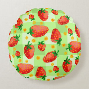 Cozy Watercolor Strawberries and Daisies Plaid Round Pillow