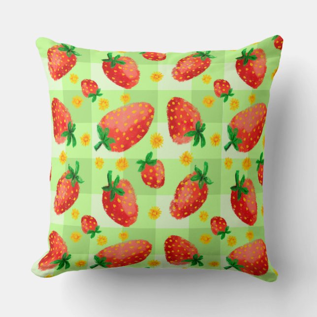 Cozy Watercolor Strawberries and Daisies Plaid Throw Pillow (Front)