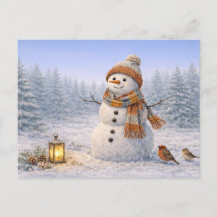 Cozy Watercolor Winter Snowman with Birds Holiday Postcard