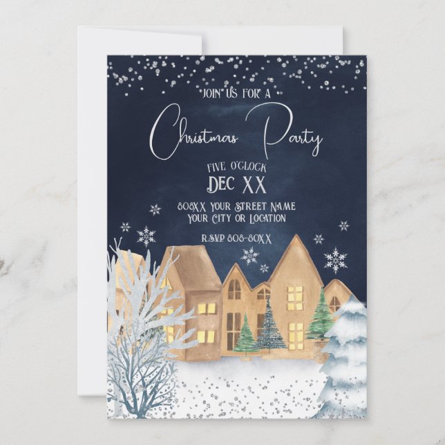 Cozy Watercolor Winter Village Christmas Party Invitation (Front)