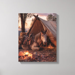 Cozy Western Tent Horse Campfire Art Canvas Print