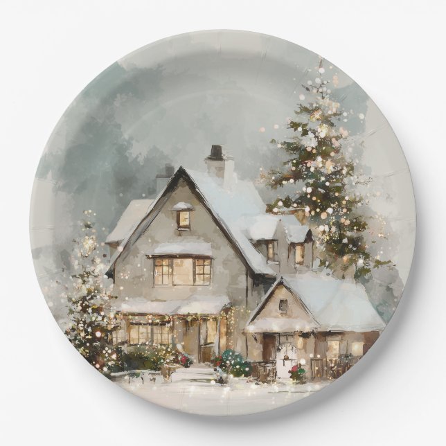Cozy Whimsical Christmas House | Paper Plates (Front)