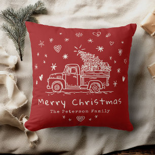 Cozy Whimsical Retro Christmas Truck Family Photo Throw Pillow