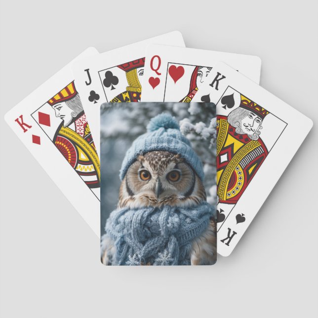 Cozy Whimsical Winter Wonderland Owl Playing Cards (Back)