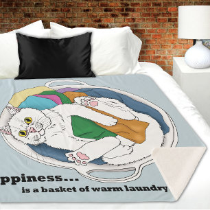 Cozy White Cat Laundry Basket Funny Blue Sherpa Blanket
