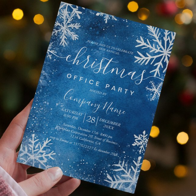 Cozy White Snowflakes Blue Christmas Office Party Invitation (Creator Uploaded)