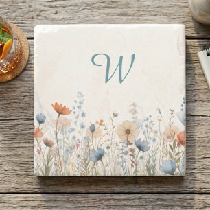 Cozy Wildflower Meadow Monogram – Botanical  Stone Coaster