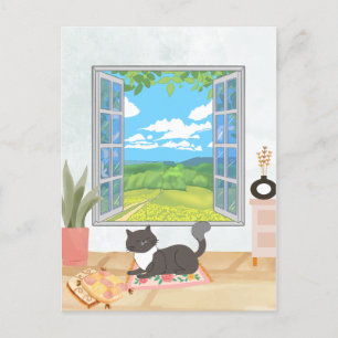 Cozy window homey interior with relaxing cat  postcard