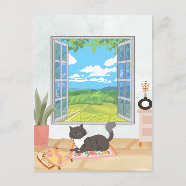 Cozy window homey interior with relaxing cat  postcard (Front)