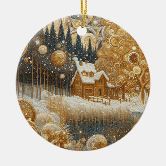 "Cozy Winter Abode" Ceramic Ornament (Front)