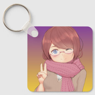 Cozy Winter Anime Girl Winking Aesthetic  Keychain