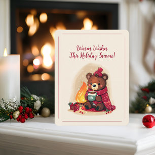 Cozy Winter Bear with Fireplace Christmas Cheer  Holiday Card