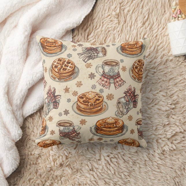 Cozy Winter Breakfast Pattern | Pancakes & Coffee  Throw Pillow (Blanket)