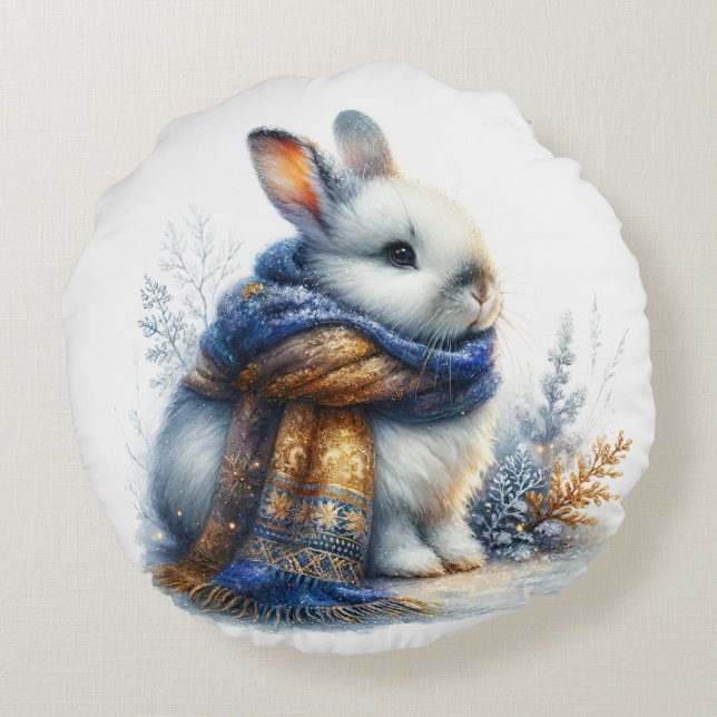 Cozy Winter Bunny Rabbit Round Pillow (Back)